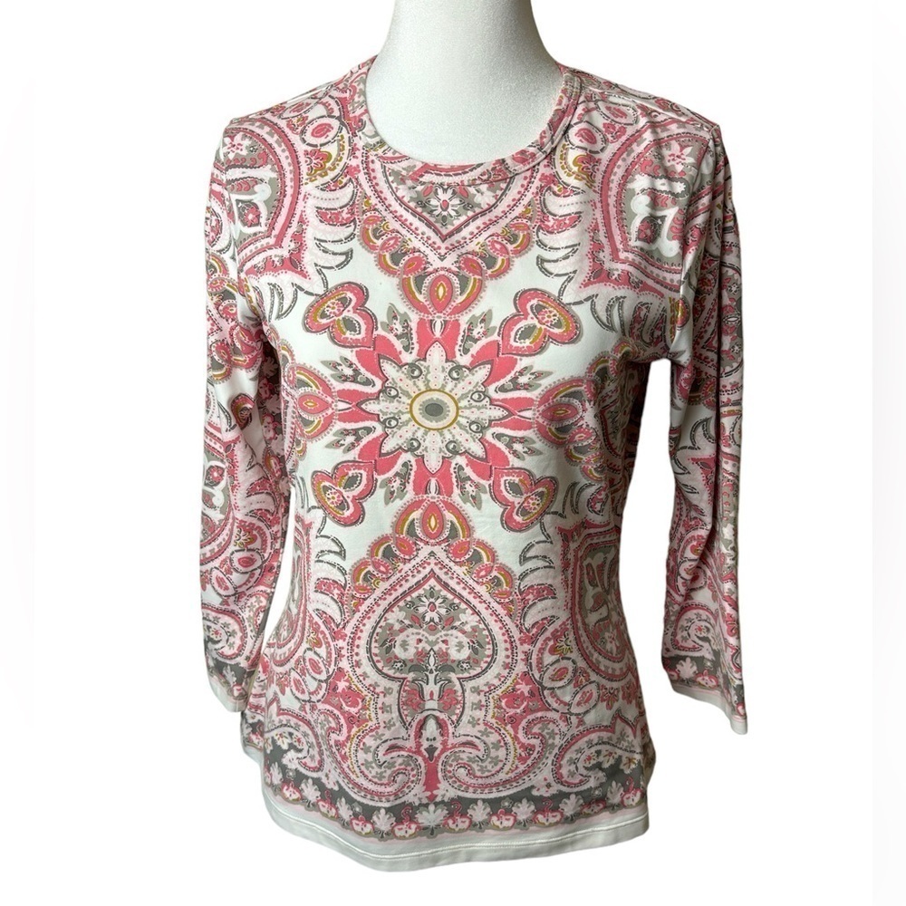 J. McLaughlin Paisley Print Top Shirt Catalina Cloth Pink Olive Green Size Sm.